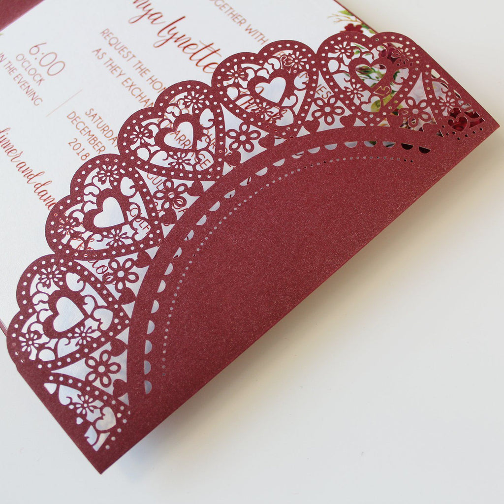Burgundy Laser Cut Wedding Invitation With Red Ribbon Picky Bride