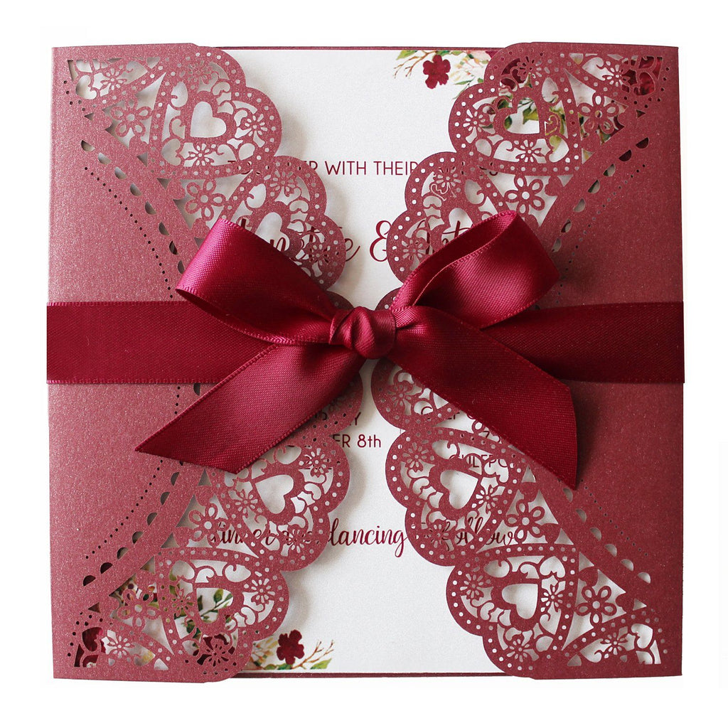 Burgundy Laser Cut Wedding Invitation With Red Ribbon Picky Bride