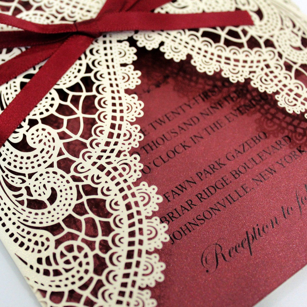 Burgundy Laser Cut Wedding Invite Cards with Envelopes Picky Bride