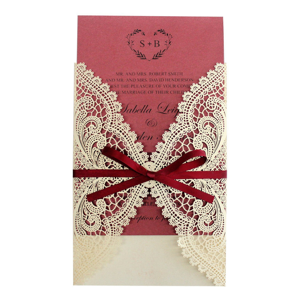 Burgundy Laser Cut Wedding Invite Cards with Envelopes Picky Bride
