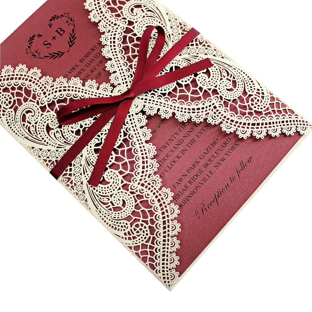 Burgundy Laser Cut Wedding Invite Cards with Envelopes Picky Bride