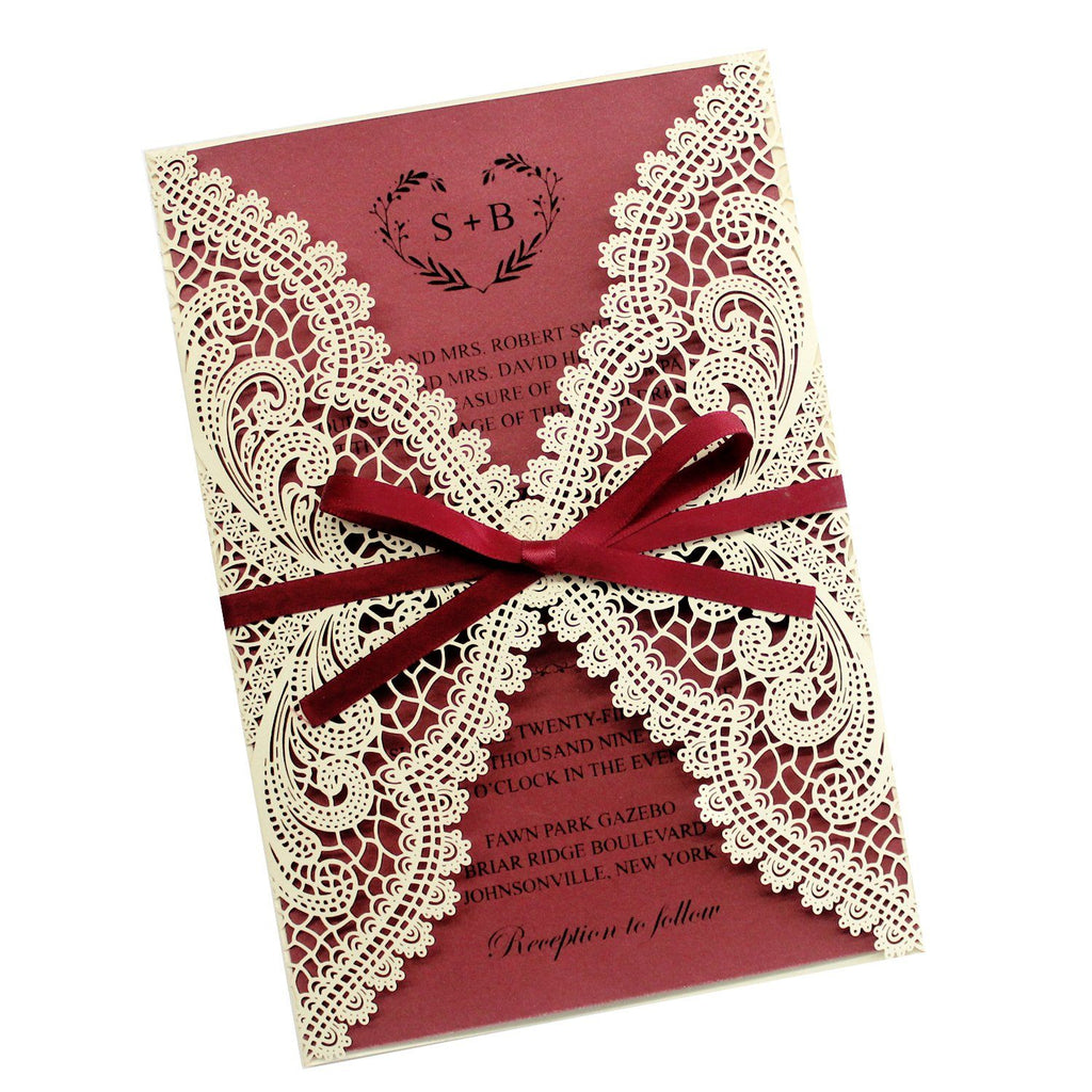 Burgundy Laser Cut Wedding Invite Cards with Envelopes Picky Bride