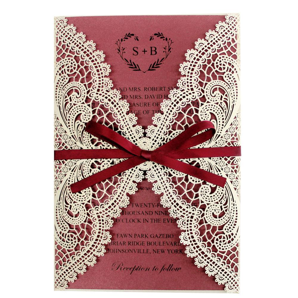 Burgundy Laser Cut Wedding Invite Cards with Envelopes Picky Bride