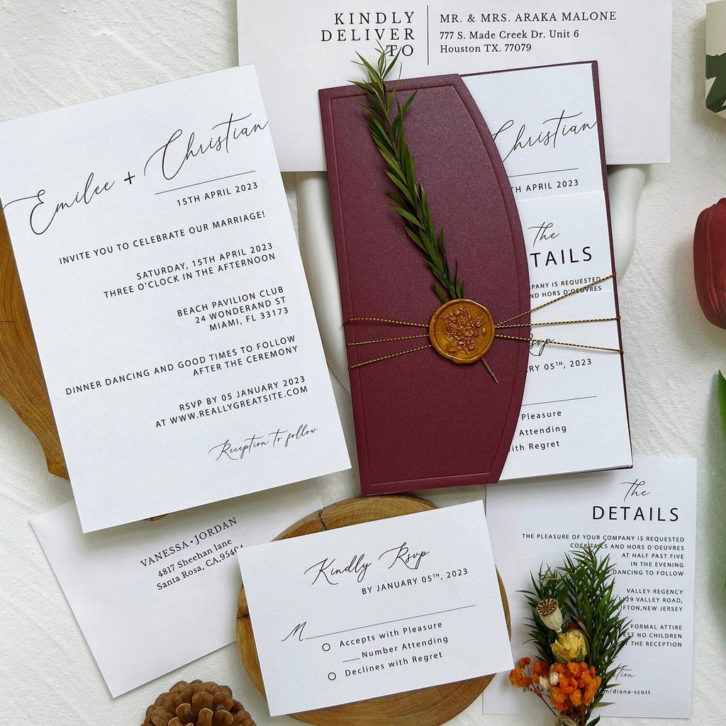 Burgundy Wedding Invitations Set with Wax Seals, RSVP and Details Cards Wedding Ceremony Supplies Picky Bride 