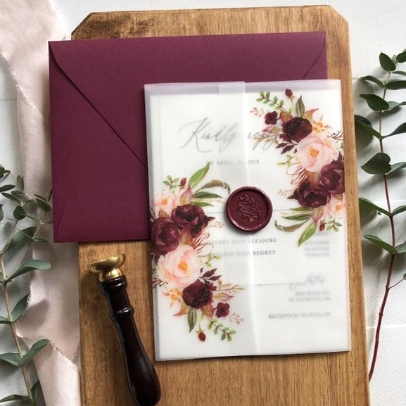 Burgundy Wedding Invitations Suit with Floral Vellum Paper Wrap and Lined Envelopes Picky Bride