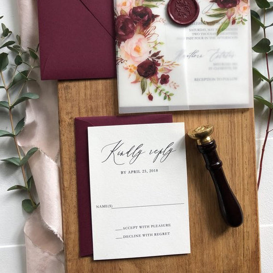 Burgundy Wedding Invitations Suit with Floral Vellum Paper Wrap and Lined Envelopes Picky Bride
