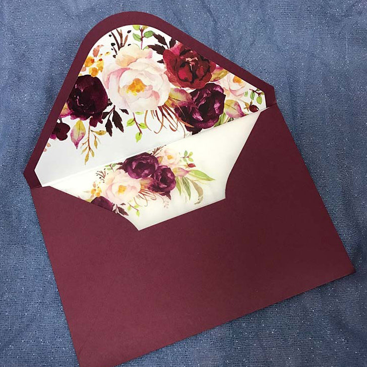 Burgundy Wedding Invitations Suit with Floral Vellum Paper Wrap and Lined Envelopes Picky Bride