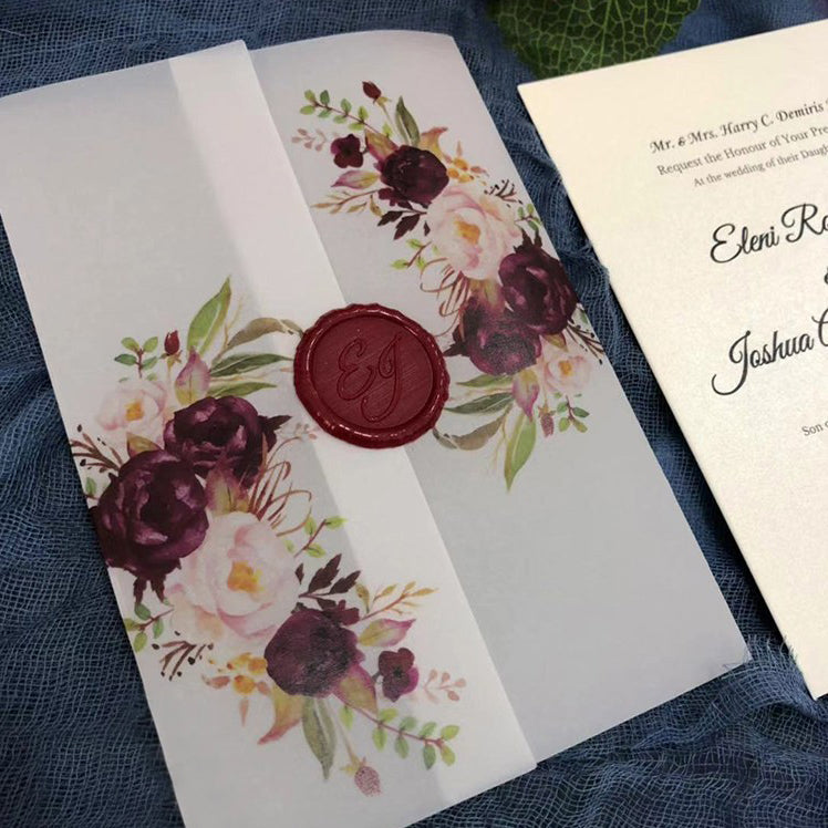 Burgundy Wedding Invitations Suit with Floral Vellum Paper Wrap and Lined Envelopes Picky Bride
