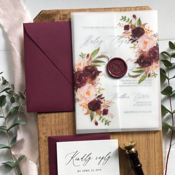 Burgundy Wedding Invitations Suit with Floral Vellum Paper Wrap and Lined Envelopes Picky Bride