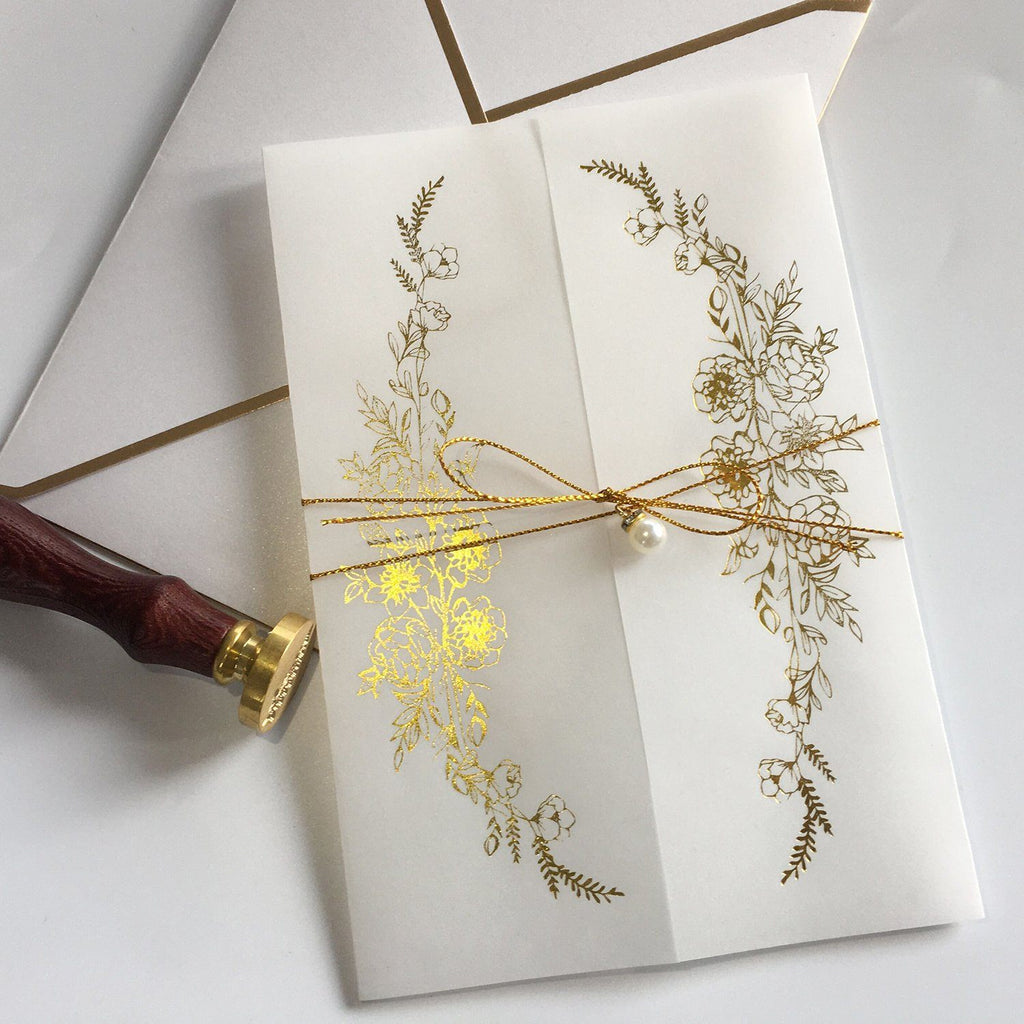 Calligraphy Invites Vellum Paper Wrap with Foil Printing and Gold Twine Picky Bride
