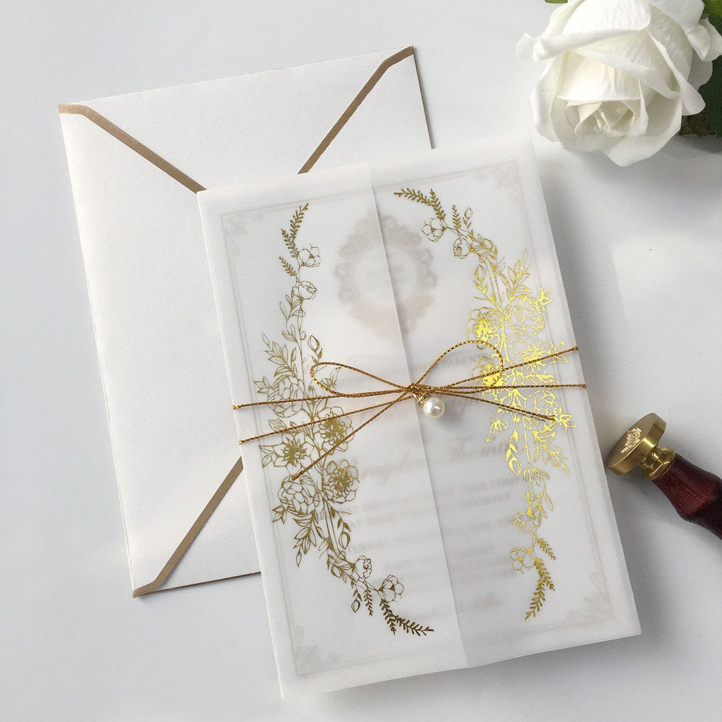 Calligraphy Invites Vellum Paper Wrap with Foil Printing and Gold Twine Picky Bride