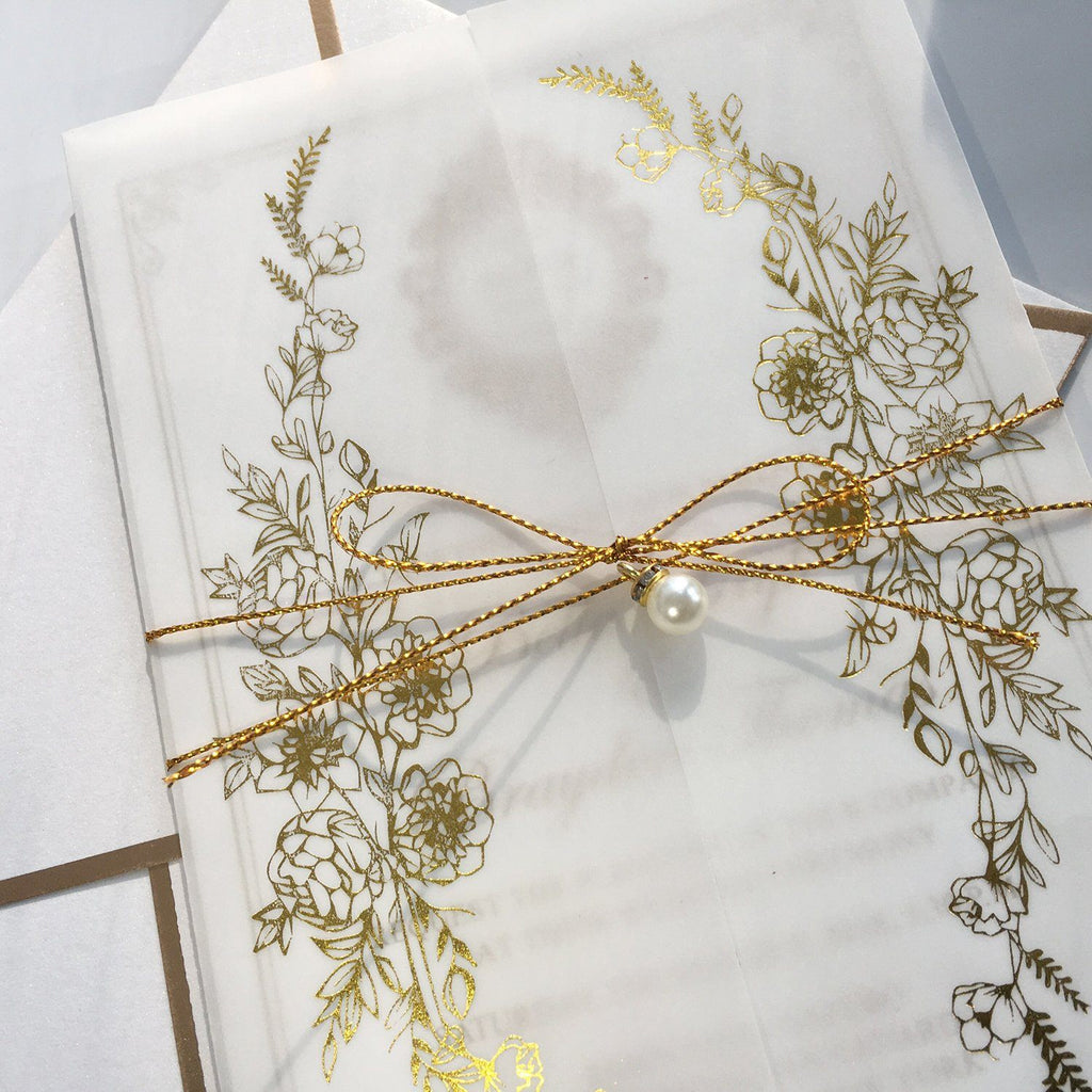 Calligraphy Invites Vellum Paper Wrap with Foil Printing and Gold Twine Picky Bride