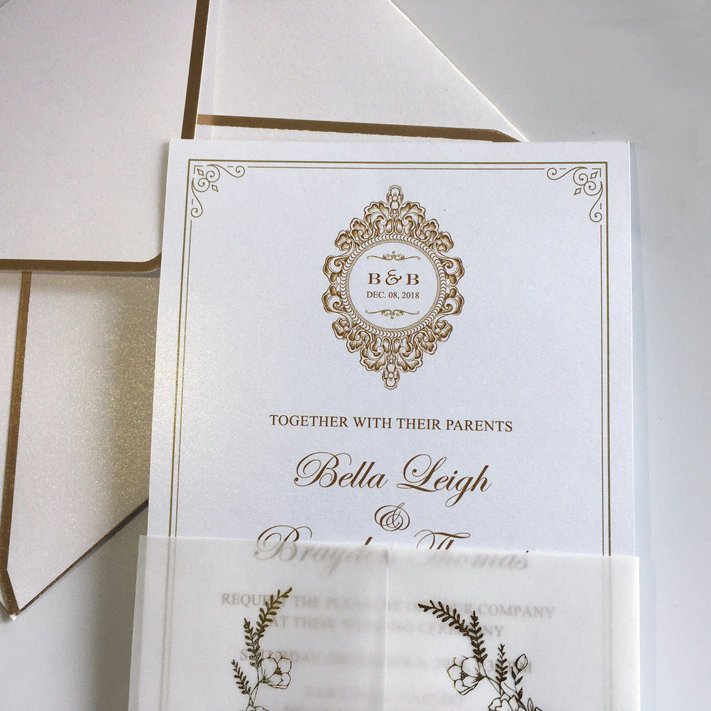 Calligraphy Invites Vellum Paper Wrap with Foil Printing and Gold Twine Picky Bride