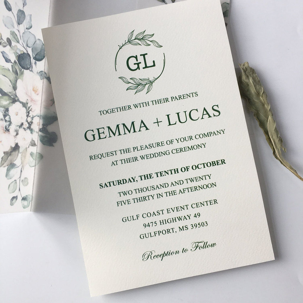 Classic Modern Botanical Invitations for Wedding Green and Vellum Wedding Invites Calligraphy and Delicate Hand Drawn Floral Picky Bride 