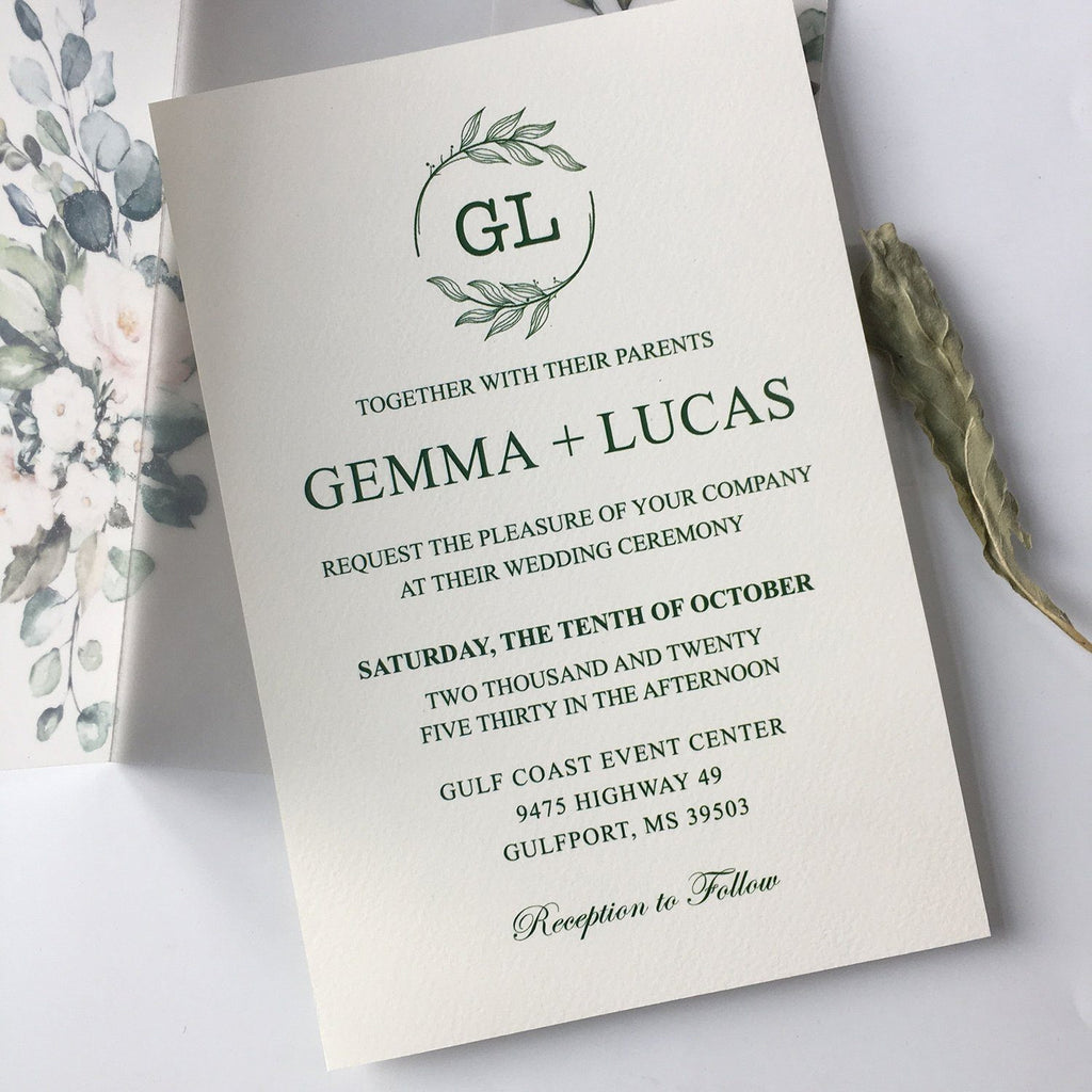 Classic Modern Botanical Invitations for Wedding Green and Vellum Wedding Invites Calligraphy and Delicate Hand Drawn Floral Picky Bride