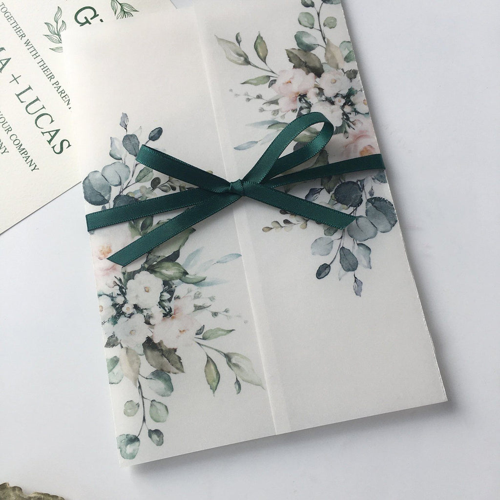 Classic Modern Botanical Invitations for Wedding Green and Vellum Wedding Invites Calligraphy and Delicate Hand Drawn Floral Picky Bride