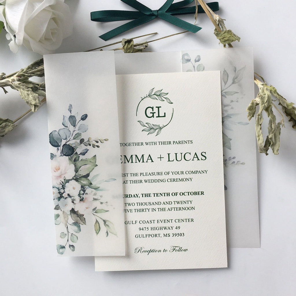 Classic Modern Botanical Invitations for Wedding Green and Vellum Wedding Invites Calligraphy and Delicate Hand Drawn Floral Picky Bride