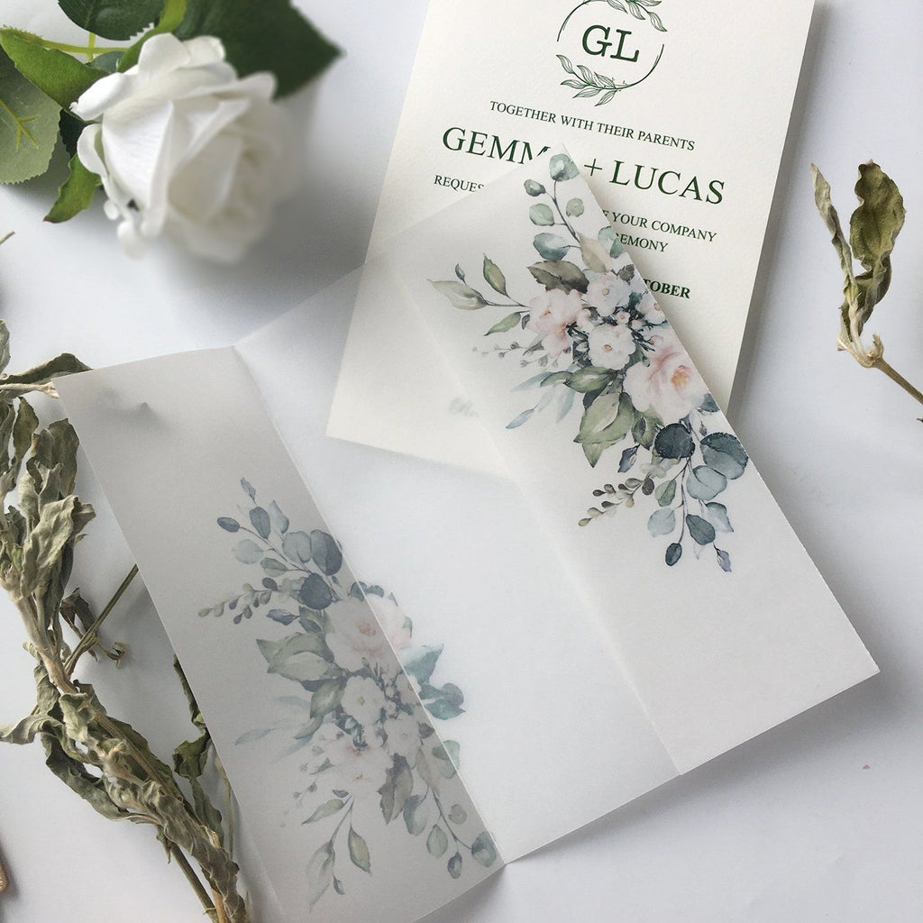 Classic Modern Botanical Invitations for Wedding Green and Vellum Wedding Invites Calligraphy and Delicate Hand Drawn Floral Picky Bride
