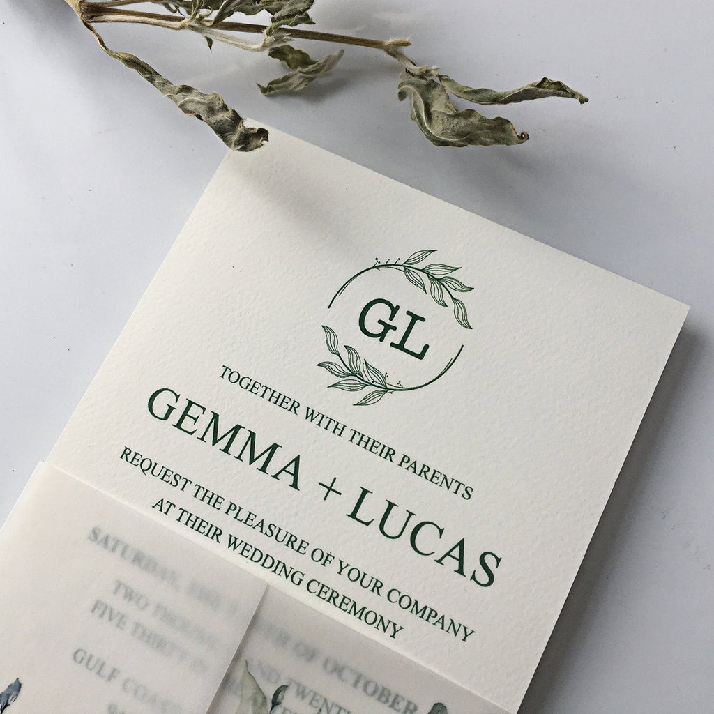 Classic Modern Botanical Invitations for Wedding Green and Vellum Wedding Invites Calligraphy and Delicate Hand Drawn Floral Picky Bride
