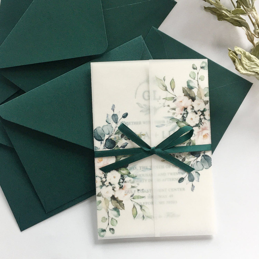 Classic Modern Botanical Invitations for Wedding Green and Vellum Wedding Invites Picky Bride