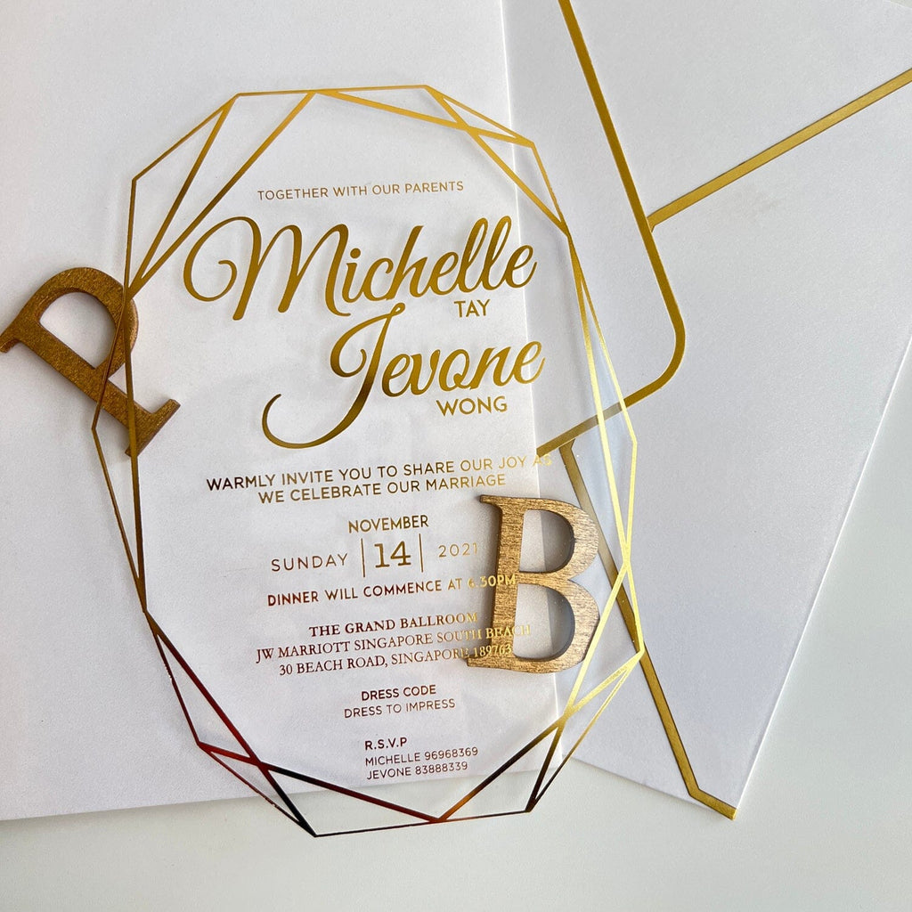 Clear Acrylic Wedding Invitations with Gold Foil Printing, Diamond Shaped Transparent Wedding Ceremony Supplies Picky Bride