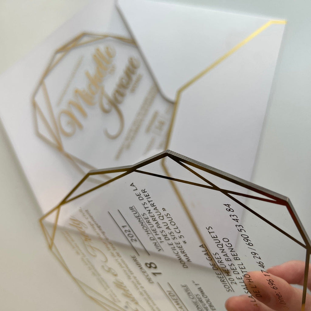 Clear Acrylic Wedding Invitations with Gold Foil Printing, Diamond Shaped Transparent Wedding Ceremony Supplies Picky Bride