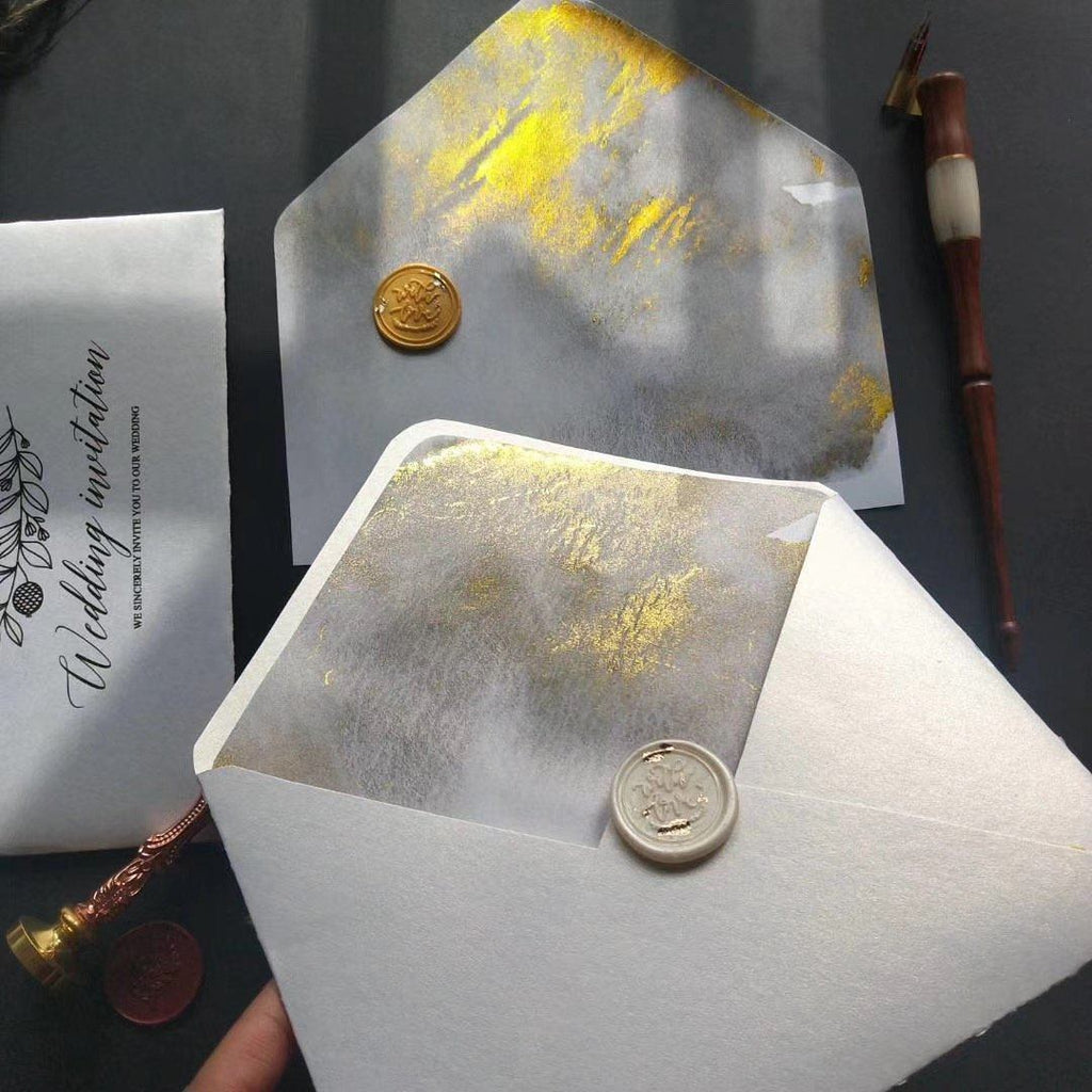 Custom Gold Deckled Edge Wedding Invitations, Handmade Torn Edge Luxury Invites Picky Bride