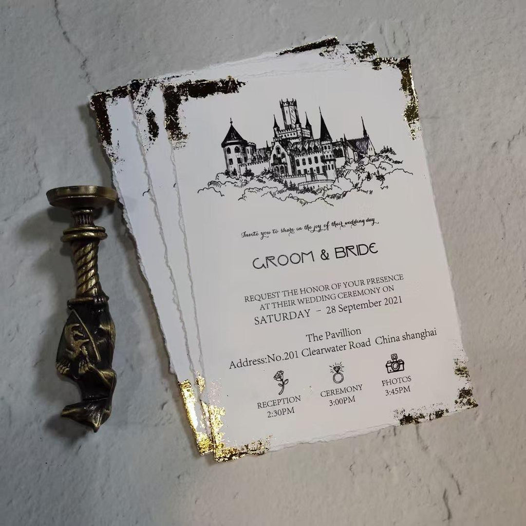 Custom Gold Deckled Edge Wedding Invitations, Handmade Torn Edge Luxury Invites Picky Bride