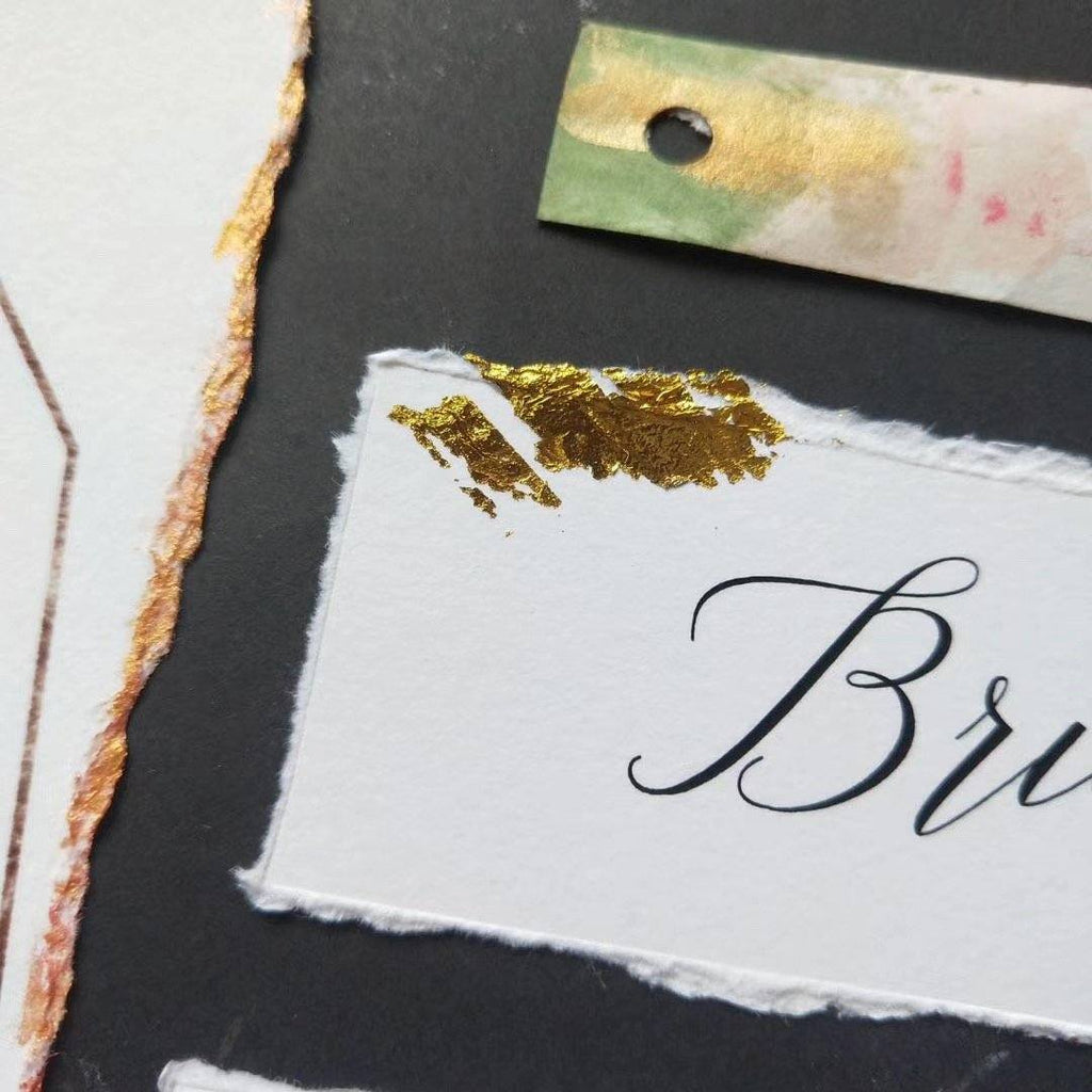 Custom Gold Deckled Edge Wedding Invitations, Handmade Torn Edge Luxury Invites Picky Bride