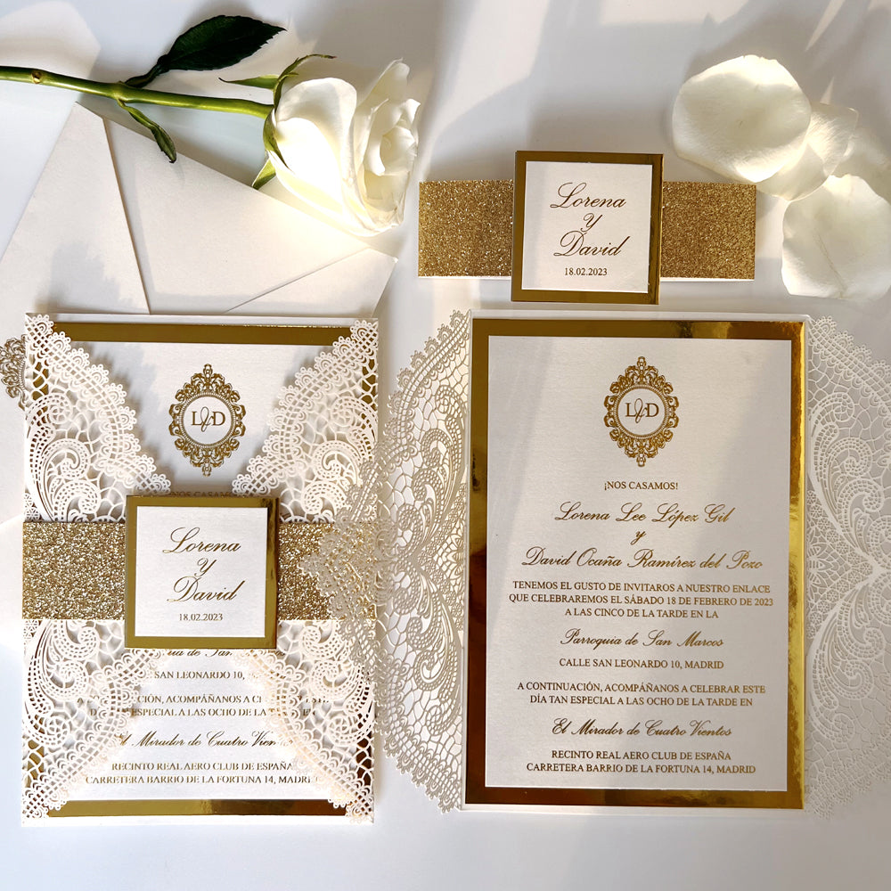 Customized Gold Foil Wedding Invitations with Glitter Bellyband and En