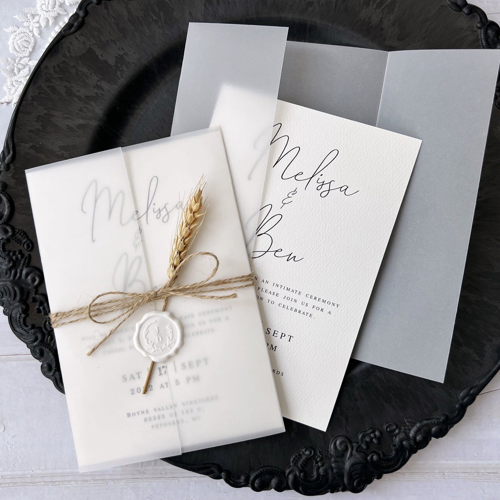 Customized Vellum Wedding Invitations with Wheat and Seals, Vellum Jacket, 5 x 7 inches Picky Bride 