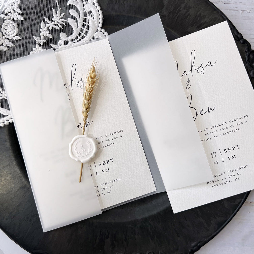 Customized Vellum Wedding Invitations with Wheat and Seals, Vellum Jacket, 5 x 7 inches Picky Bride