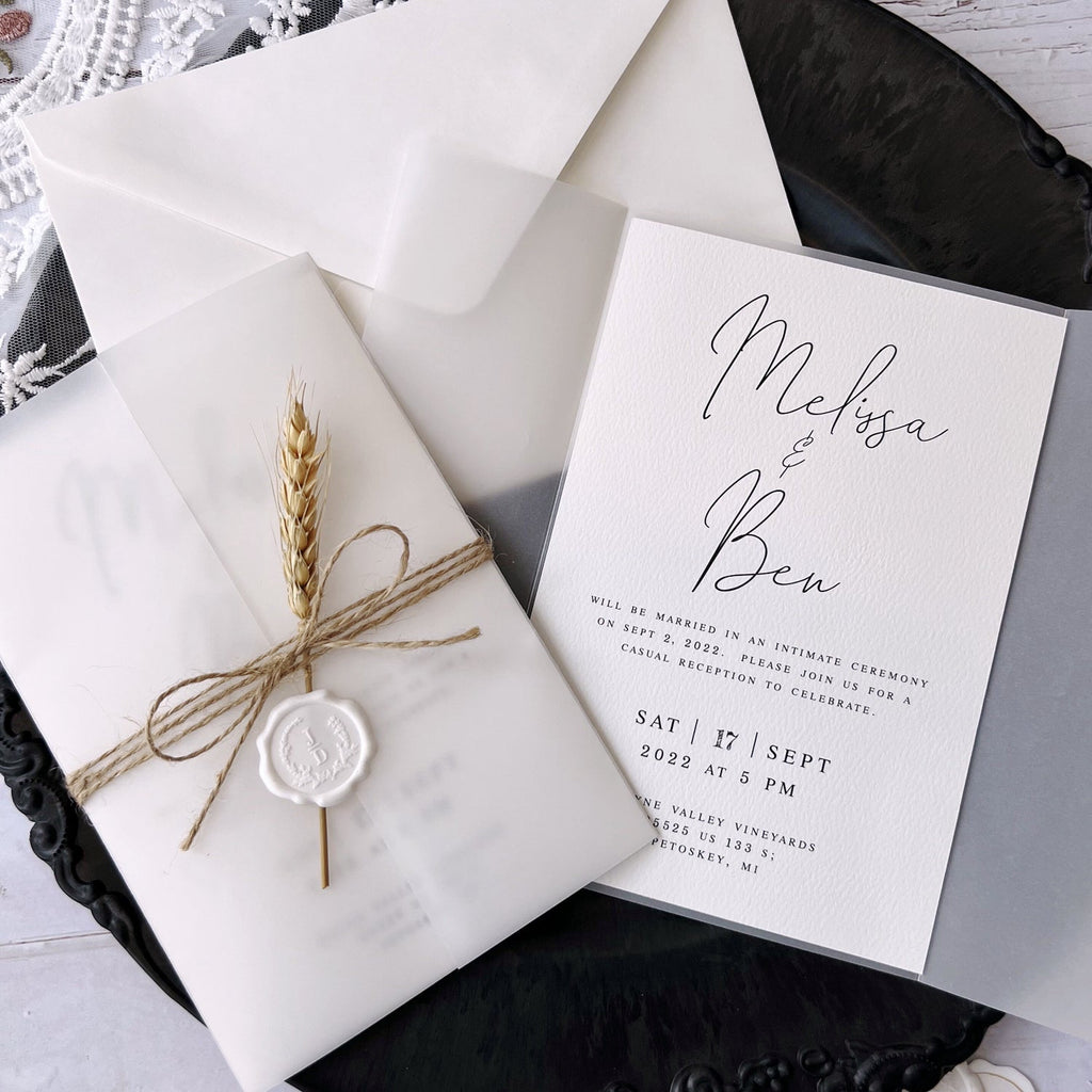 Customized Vellum Wedding Invitations with Wheat and Seals, Vellum Jacket, 5 x 7 inches Picky Bride