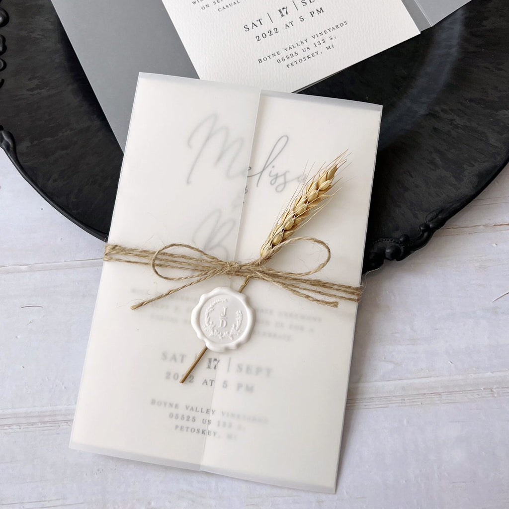 Customized Vellum Wedding Invitations with Wheat and Seals, Vellum Jacket, 5 x 7 inches Picky Bride