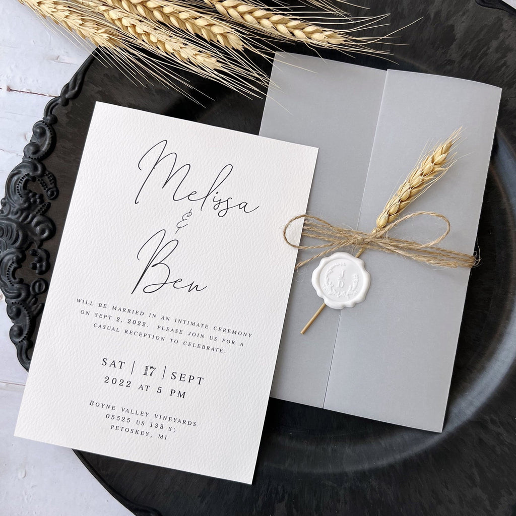 Customized Vellum Wedding Invitations with Wheat and Seals, Vellum Jacket, 5 x 7 inches Picky Bride