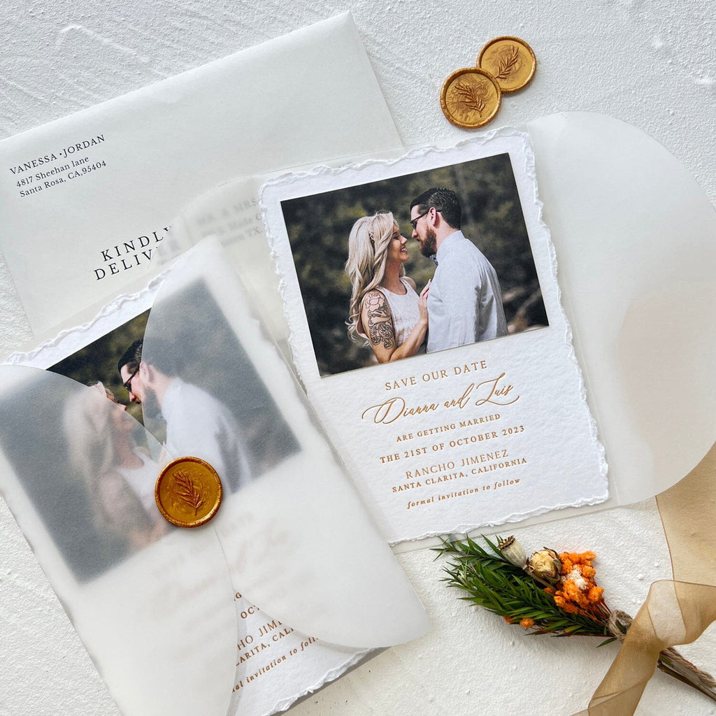 Deckle Edge Photo Wedding Invitation, Letterpress Printing Invitations, Hand Torn Edges Invites with Wax Seal Wedding Ceremony Supplies Picky Bride