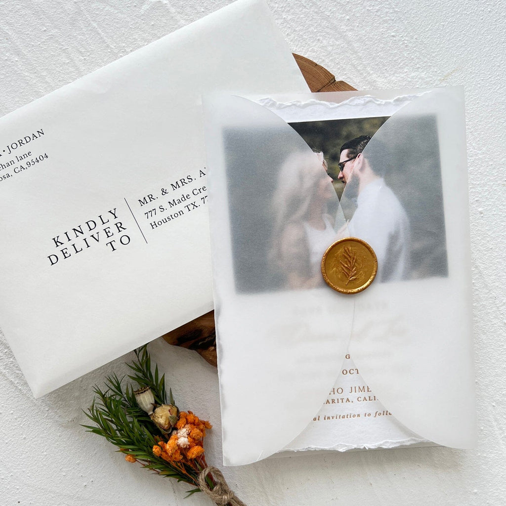 Deckle Edge Photo Wedding Invitation, Letterpress Printing Invitations, Hand Torn Edges Invites with Wax Seal Wedding Ceremony Supplies Picky Bride