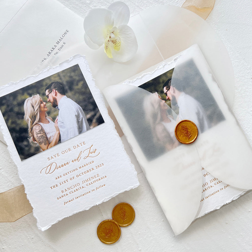 Deckle Edge Photo Wedding Invitation, Letterpress Printing Invitations, Hand Torn Edges Invites with Wax Seal Wedding Ceremony Supplies Picky Bride