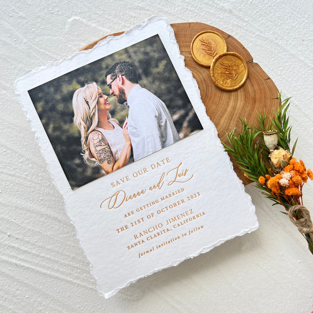 Deckle Edge Photo Wedding Invitation, Letterpress Printing Invitations, Hand Torn Edges Invites with Wax Seal Wedding Ceremony Supplies Picky Bride