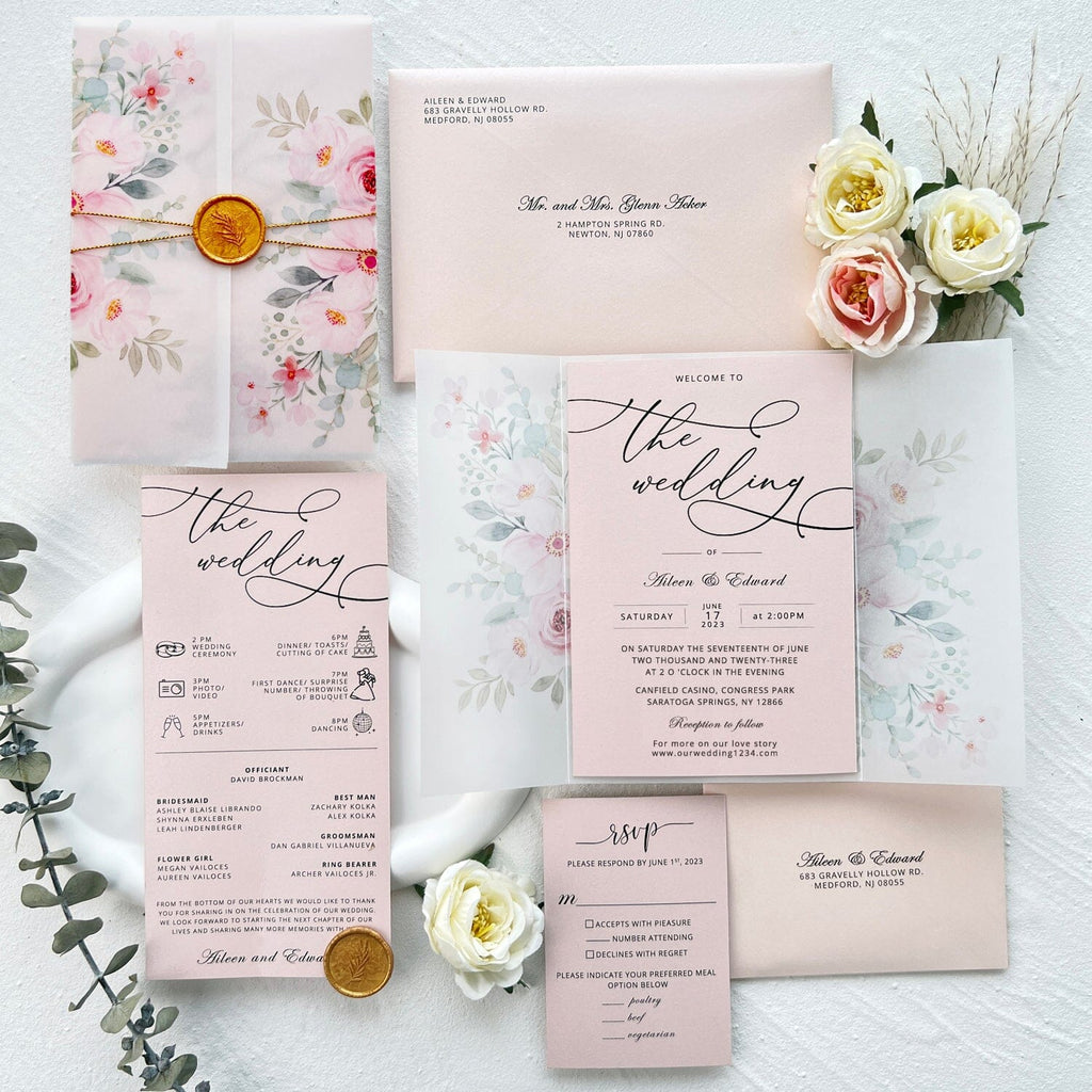 Elegant Blush Pink Wedding Invitation Suite, Wedding Ceremony Program with RSVP, Semi-Transparent Wedding Ceremony Supplies Picky Bride