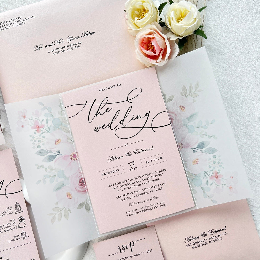 Elegant Blush Pink Wedding Invitation Suite, Wedding Ceremony Program with RSVP, Semi-Transparent Wedding Ceremony Supplies Picky Bride