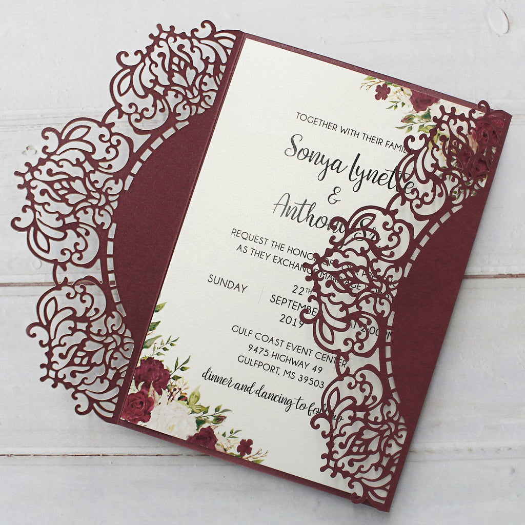 Elegant Burgundy Lace Wedding Invitation, Bridal Shower Invitation Picky Bride