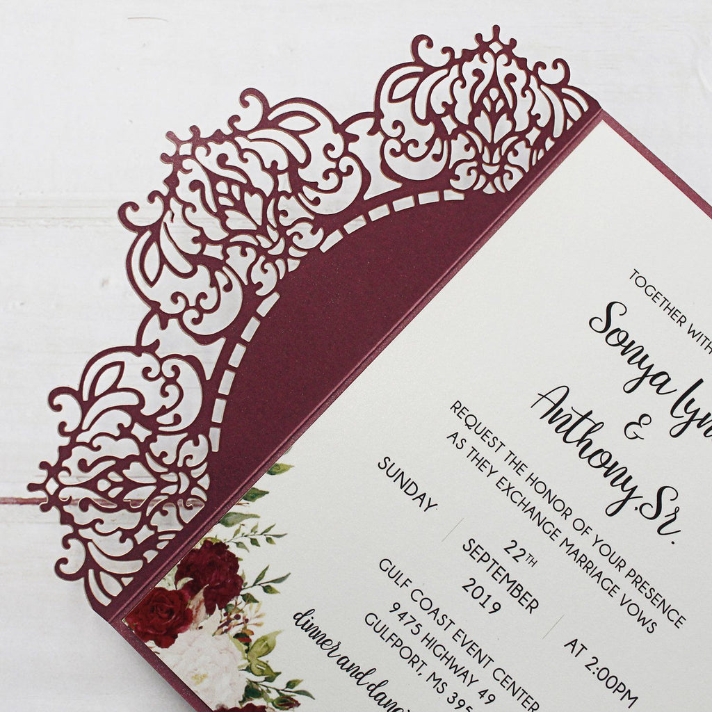 Elegant Burgundy Lace Wedding Invitation, Bridal Shower Invitation Picky Bride
