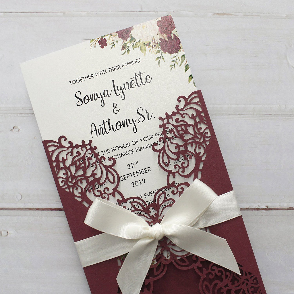 Elegant Burgundy Lace Wedding Invitation, Bridal Shower Invitation Picky Bride