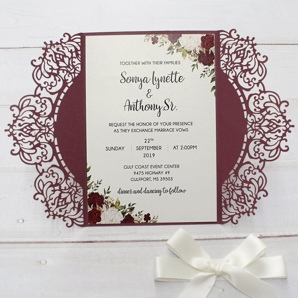Elegant Burgundy Lace Wedding Invitation, Bridal Shower Invitation Picky Bride