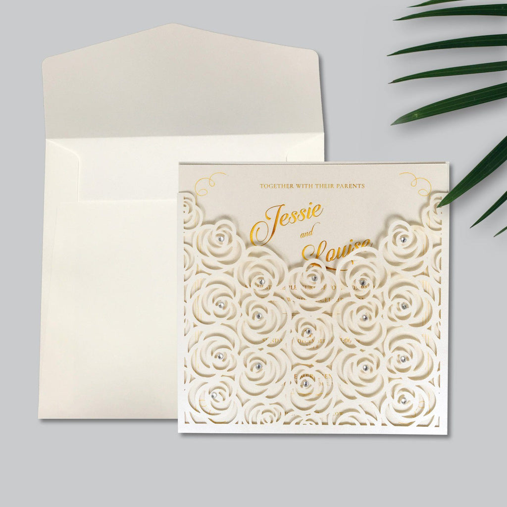 Elegant Floral Pocket Wedding Invite Cards for Rose Wedding Theme Picky Bride