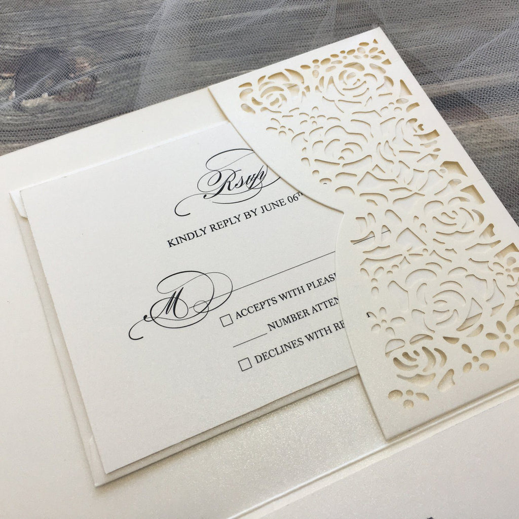 Elegant Ivory Wedding Cards Rose Laser Cut Invitations with RSVP Cards Picky Bride