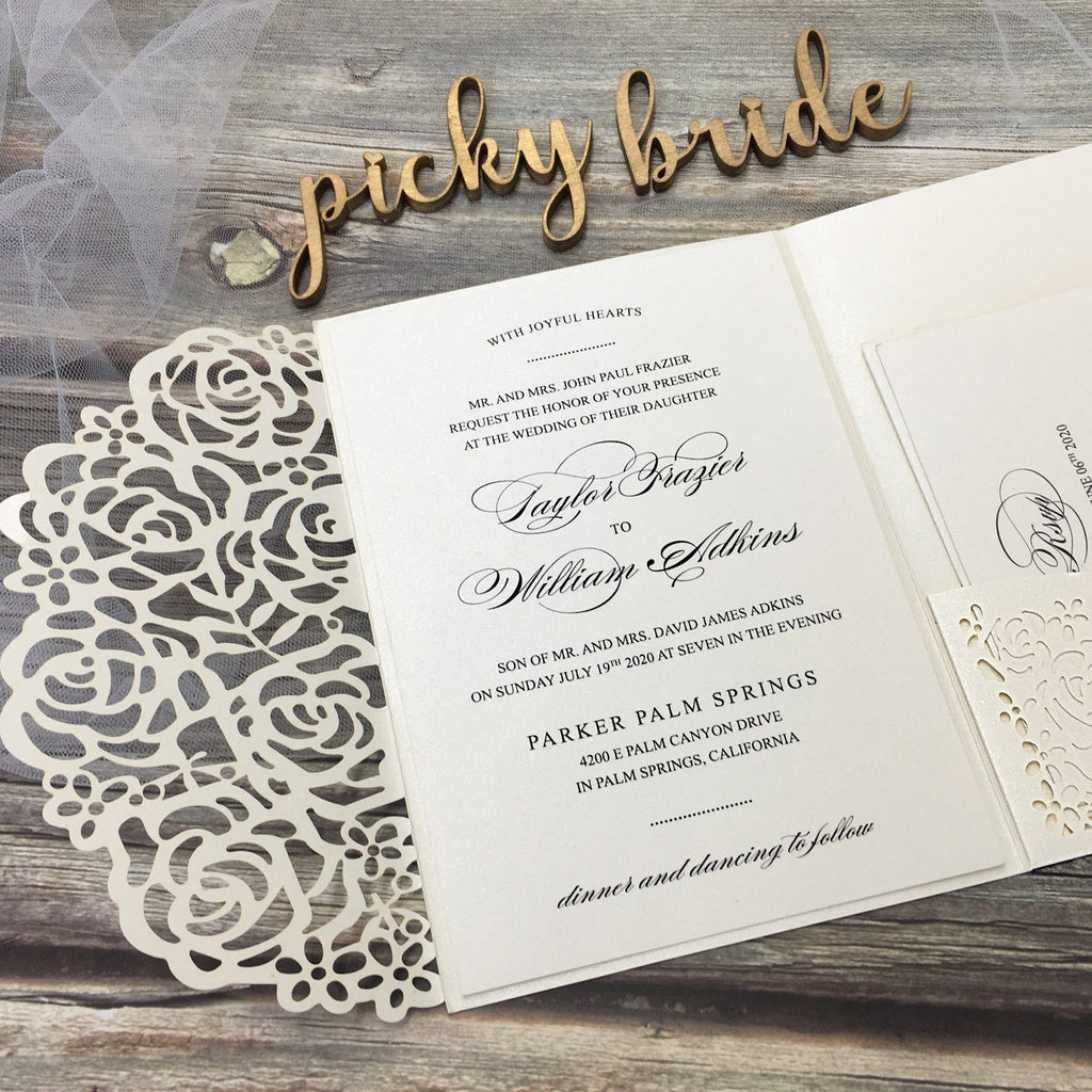 Elegant Ivory Wedding Cards Rose Laser Cut Invitations with RSVP Cards Picky Bride