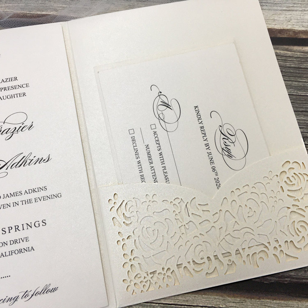 Elegant Ivory Wedding Cards Rose Laser Cut Invitations with RSVP Cards Picky Bride