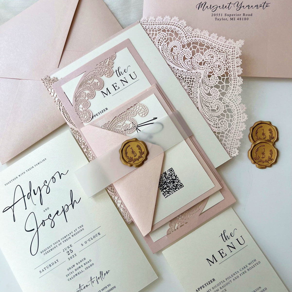 Elegant Lace Wedding Invitation Set with Wax Seal Belly Band, Pale Pin